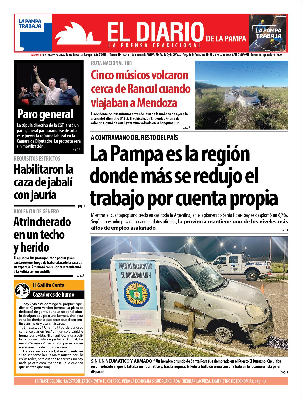 Tapa de El Diario en papel  martes 17 de febrero de 2026